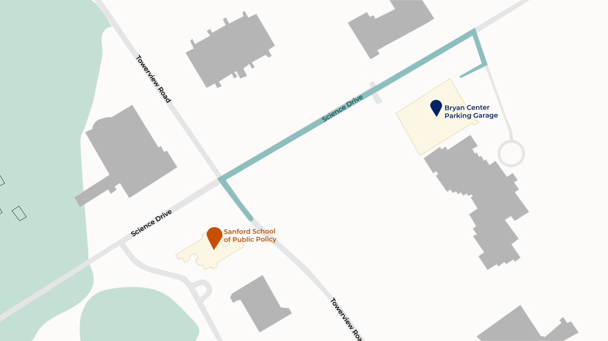 Map showing path from Bryan Center Parking Garage to Sanford School of Public Policy